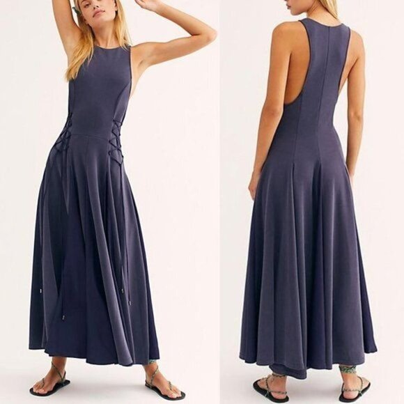 Free People Stella Cupro Lace Up Pleated Maxi Dress Blue Large Sleeveless - Picture 2 of 11
